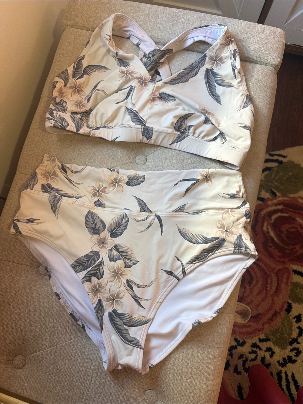 Lands' End Cream Floral High-Waist Bikini Set